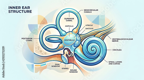 Detailed illustration of the human inner ear structure, showing semicircular canals, cochlea, and vestibule
