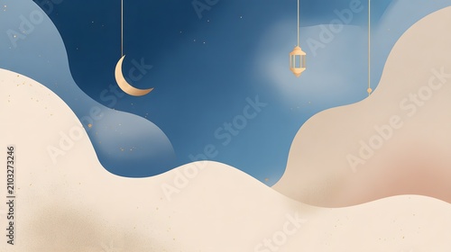 Ramadan celebration with paper cut art style. Blue night sky featuring crescent moon and hanging lantern. Minimalist Islamic greeting card background with copy spaceю