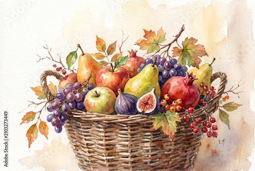 Watercolor basket filled with autumn fruit. Seasonal rustic harvest with apple, pear, grape and pomegranate. Artistic vegetable still life painting for thanksgiving and harvest festival.