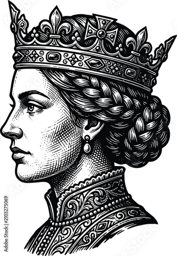 Detailed vintage queen profile portrait vector illustration wearing an ornate royal crown with medieval engraving woodcut style isolated on white background