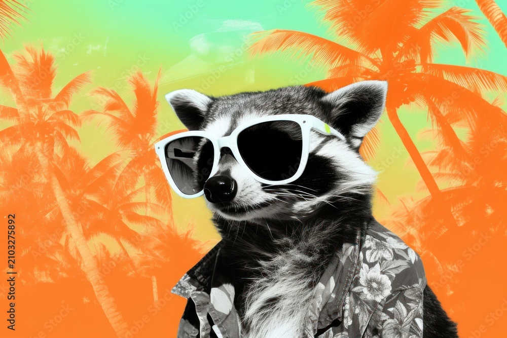 Fototapeta premium Raccoon wearing sun glasses on the beach sunglasses mammal animal.