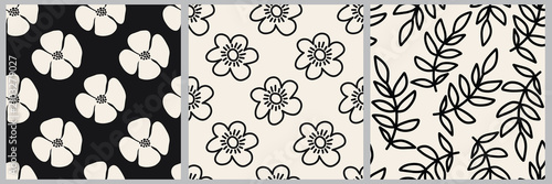 Minimalist Black and White Floral Seamless Pattern Vector Set - Cute Hand-Drawn Abstract Flowers and Leaves Repeating Background Collection for Modern Textile Surface Design