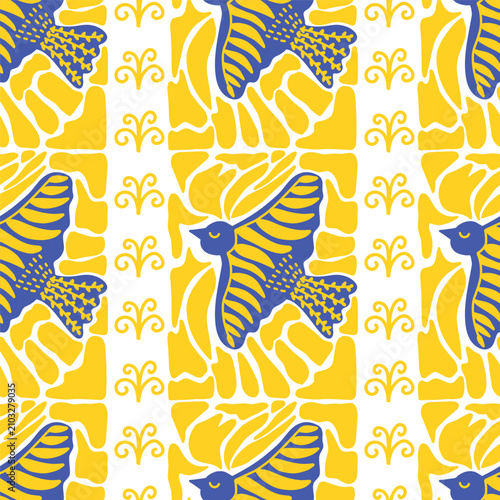 Ukrainian Folk Art Seamless Pattern Vector Illustration - Traditional Patriotic Style Repeating Background with Blue Birds and Yellow Ornaments - Peace and Freedom Continuous Surface Design