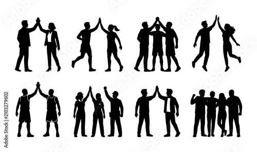 Teamwork High Five Silhouettes, Diverse Group Celebration Vector Icons, Business Success & Unity Graphics