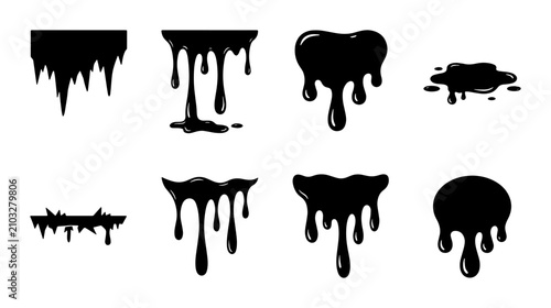 Quadro su tela Black Drips and Splatters Vector Set, Gooey Liquid Ink Stains, Abstract Paint Dr