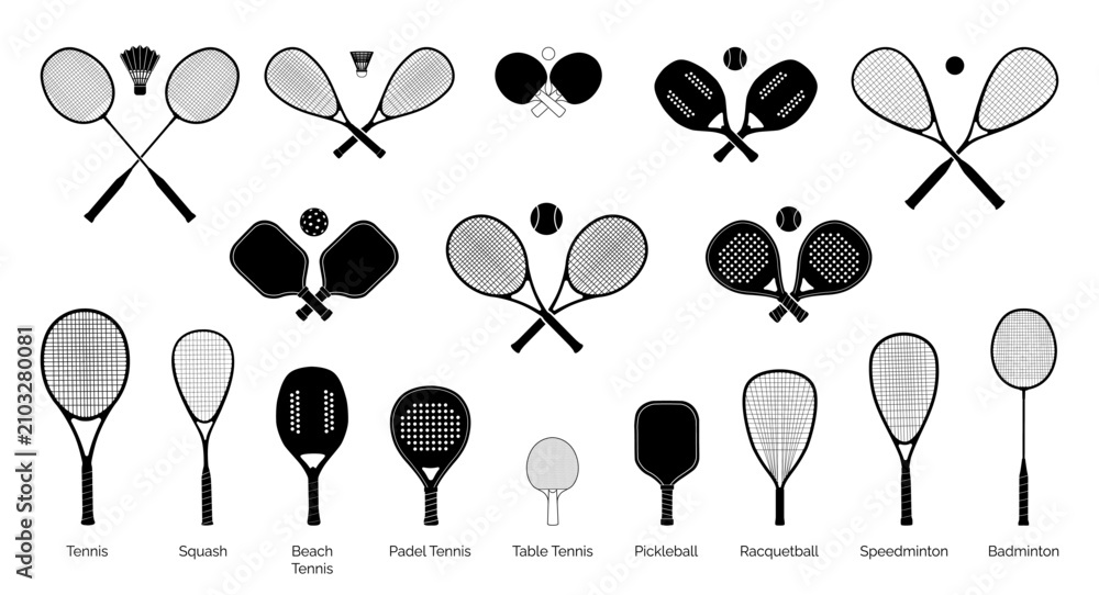 Obraz premium Racket sports silhouette vector set. Crossed rackets and balls icons for tennis, pickleball, padel tennis, badminton, squash, table tennis, racquetball, beach tennis isolated on white background