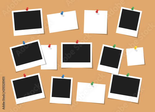 Blank polaroid photo frames and paper notes pinned to a corkboard