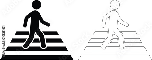 Pedestrian crossing icon silhouette and line art with pedestrian crossing crosswalk silhouette transportation