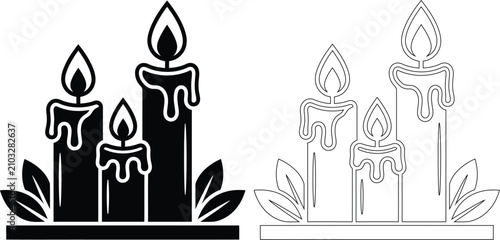 Three burning candles icon silhouette and outline set with silhouette illustration spirituality ceremony memorial religious