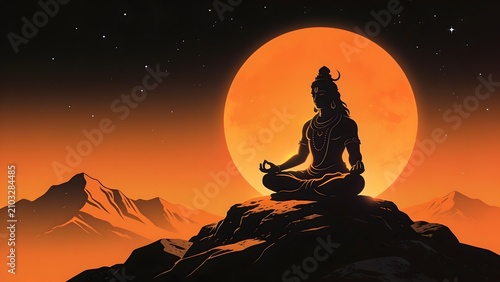 Serene Hindu deity Shiva meditating in a mystical digital painting portrait, embodying divine power and spiritual