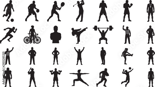 Black silhouette collection of people playing different sports and activities