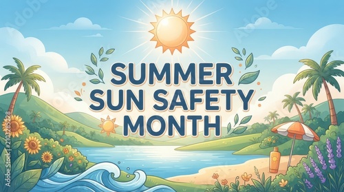 Summer sun safety month illustration with palm trees