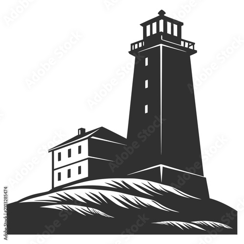 Bild auf Leinwand Coastal lighthouse on rocky hill silhouette icon with maritime