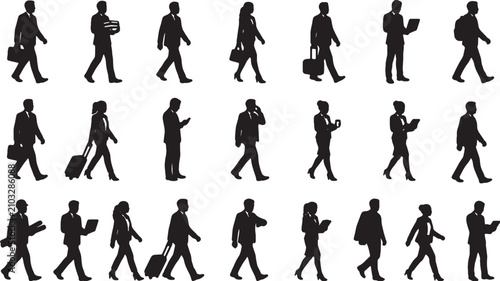 Black silhouettes of business people walking and working in daily routine