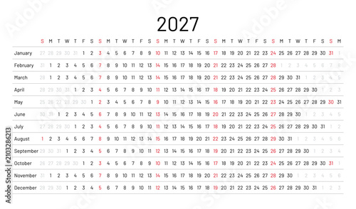 2027 calendar. Linear horizontal planner for year. Yearly calender template. Week starts Sunday. Annual schedule grid with 12 months. Landscape orientation, English. Vector illustration. Simple design