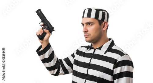 Jailbird in Striped Uniform Holds Firearm Against an Isolated White Background Studio Shot
