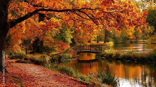 Autumn scenery with tree, river and fallen leaves on path