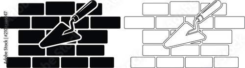Brick wall and masonry trowel construction icon set with construction industry building renovation bricklayer graphics
