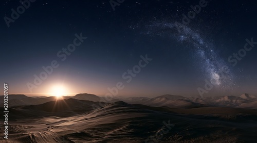 Sunset over mountains with Milky Way galaxy