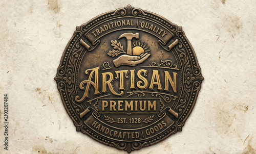 Vintage artisan emblem for premium branding. Handcrafted retro badge with ornate decorative flourishes and classic typography.
