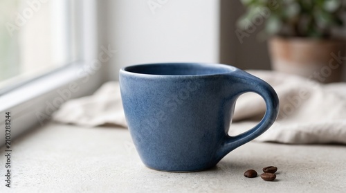 Blue ceramic coffee mug on a stone surface