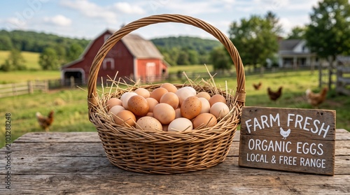Farm fresh organic eggs in basket on wood table