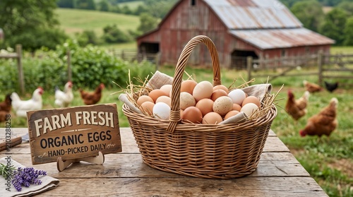 Fresh organic eggs in basket with farm sign