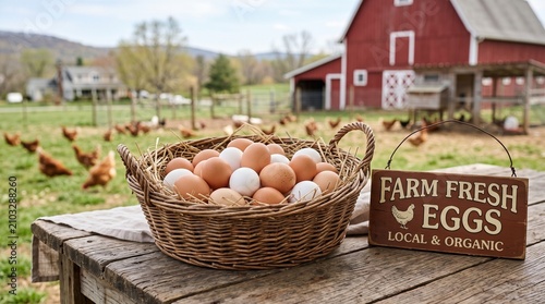 Basket of fresh organic eggs on rustic table