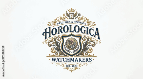 Schilderij op canvas Elegant watchmaker logo crest with precision tools and timepiece