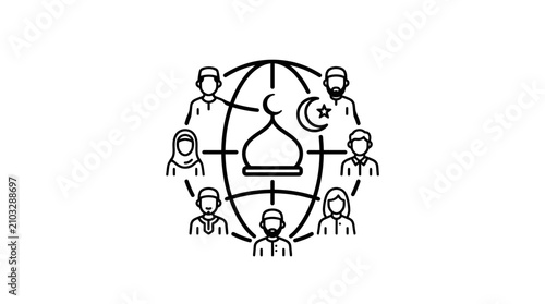 Dynamic Black and White of Diverse People Circling a Mosque with Islamic Symbols and Crescent Moon