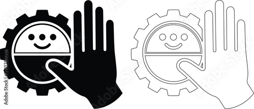 Foto Warning industrial sign showing hand near moving gear with industrial mechanical