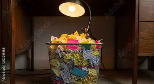 Overflowing Wastebasket Full of Discarded Colorful Sticky Notes Ideas