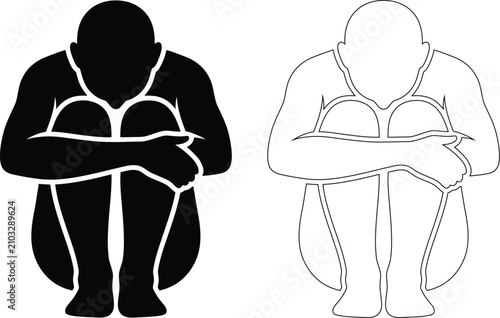 Photos Person sitting in fetal position icon set with depression silhouette minimalist