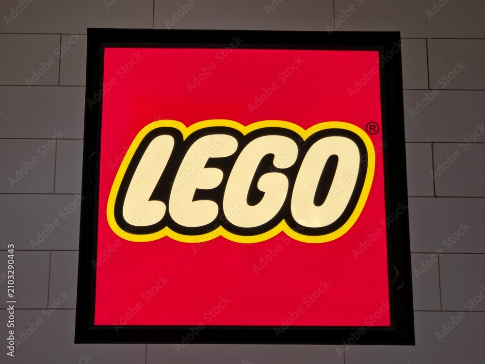 Fototapeta premium Close-up of an Illuminated LEGO Brand Logo Sign Mounted on a Wall on July 18 2026 in Bangkok, Thailand.