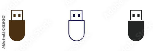 Fotografie USB Drive Icons: A trio of minimalist icons representing USB flash drives in brown, outline, and black, symbolizing data storage and connectivity