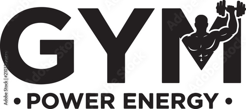 Tableau sur toile Black gym with muscular man lifting dumbbell, text reading gym power energy on w
