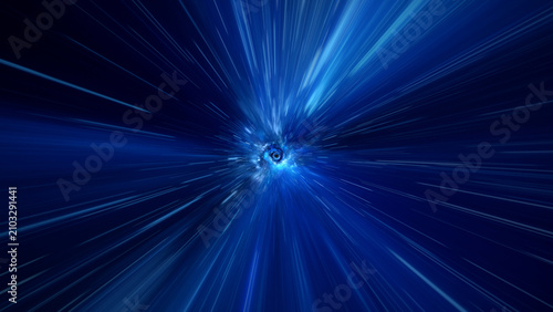 Fotografie Blue light tunnel with streaking rays radiating outward, centered on a glowing vortex, set against a deep blue background
