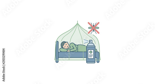 Cuadro en lienzo Man sleeping peacefully under mosquito net, protected from insects with repellen