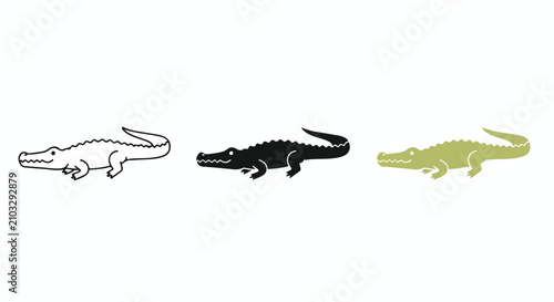 Crocodile Icons: A set of three stylized illustrations of a crocodile in outline, solid black, and solid green, representing this powerful reptile in a graphic and adaptable format.