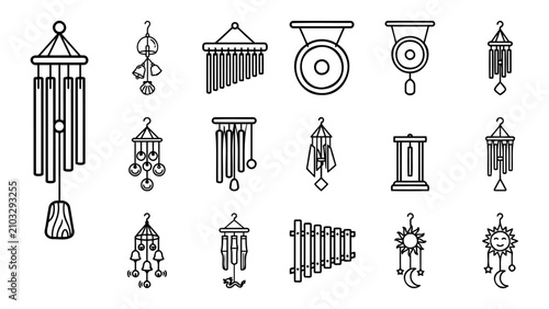 Konstfotografi Wind Chimes and Hanging Bells Line Icon Set