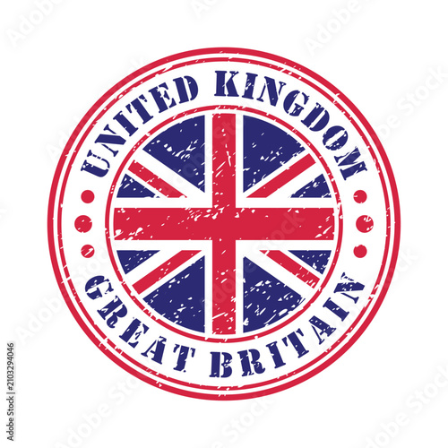 Quadro su tela Grunge style circular rubber stamp featuring the Union Jack flag, proudly displaying UNITED KINGDOM GREAT BRITAIN text, symbolizing national identity and heritage with a vintage, patriotic feel