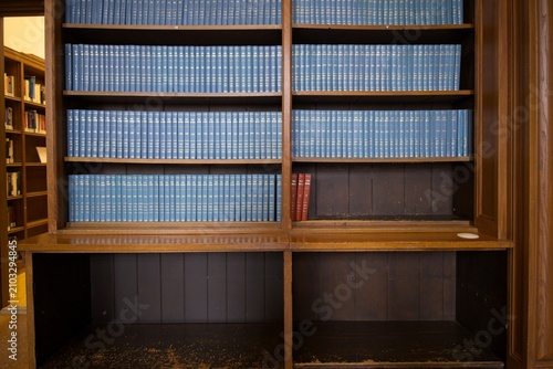 Fotografía Wooden library shelves with blue hardcover books