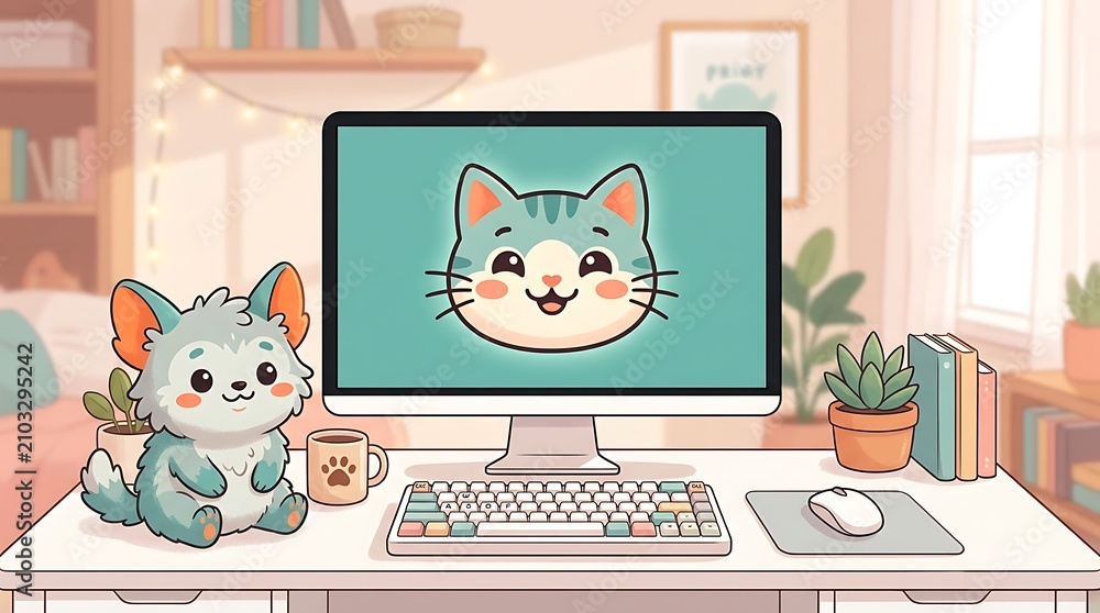 Fototapeta premium Cute cartoon cat on computer screen with furry friend at desk