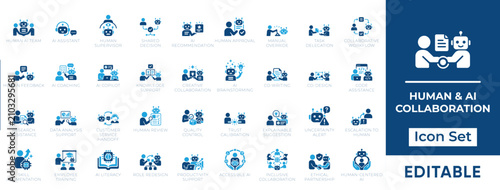 Human and AI collaboration vector icon set. Modern blue solid icons for artificial intelligence teamwork, human-in-the-loop, AI copilot, and augmented productivity