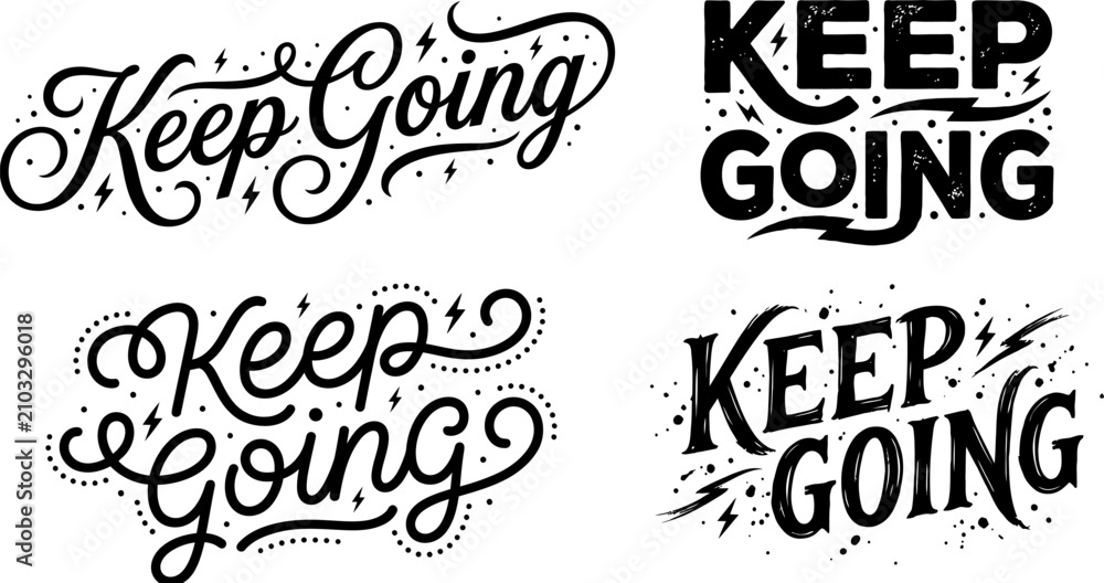 Obraz premium A collection of keep going quotes and sayings in various script and distressed font styles with lightning bolt accents on transparent background.