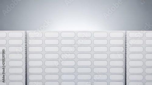 Clean modern abstract wall design featuring multiple rows of sleek white rounded rectangular shapes creating an architectural surface
