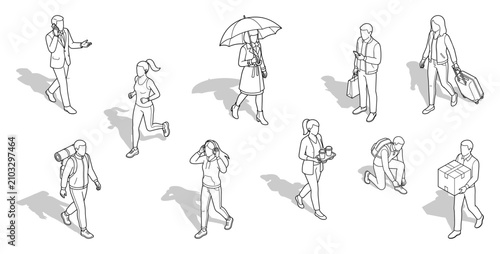 Fotografie Isometric people line art figures | Diverse group walking and commuting in vario