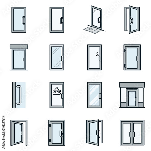 Interior and exterior door architectural icon set.