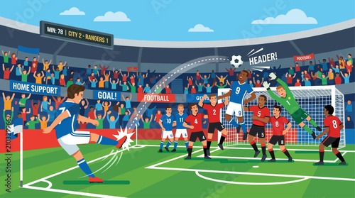 Foto Professional soccer match corner kick action in a packed stadium with players co