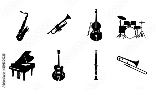 Foto Musical Instruments Vector Icons: Saxophone, Trumpet, Bass, Drums, Piano, Guitar